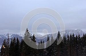 View from Gubalowka 1,126 m on Tatry mountains in snowing day, Zakopane