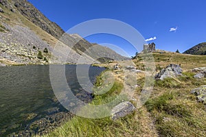 View of Guglielmo Migliorero Refuge and the lower lake of the Ischiator in the Maritime Alps in the municipality of Vinadio, in