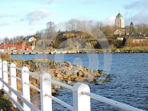 View of gulf of  Baltic sea and bridge on the coast, Sveaborg,  Finland