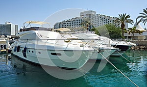 View of the Gulf of Eilat with luxury yachts. On the yacht you can sunbathe, jump into the open sea and enjoy drinks and fruits