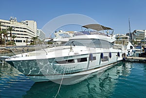 View of the Gulf of Eilat with luxury yachts. On the yacht you can sunbathe, jump into the open sea and enjoy drinks and fruits