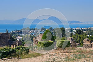 View of the gulf and the ruins of Carthage from Byrsa Hill in Tunisia, North Africa. Mandraki artificial bay, created in antiquity