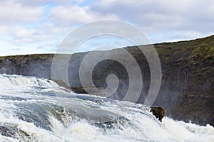 view of Gullfoss waterfall close up in autumn