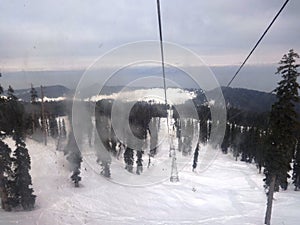 A view of Gulmarg from the cable car ropeway during winter season after the snow fall