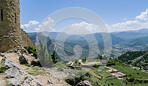 View of Gunibsky fortress. Protective wall and gates of Gunib. Russia, Republic of Dagestan