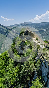 View of Gunibsky fortress. Protective wall and gates of Gunib. Russia, Republic of Dagestan