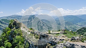 View of Gunibsky fortress. Protective wall and gates of Gunib. Russia, Republic of Dagestan