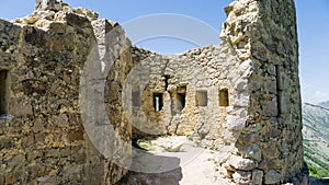 View of Gunibsky fortress. Protective wall and gates of Gunib. Russia, Republic of Dagestan