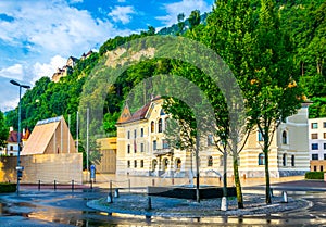 View of the guttenberg castle, old and new parliament building in Vaduz, Liechtenstein....IMAGE