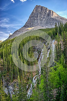 View of Ha Ling Peak and waterfall, Canmore