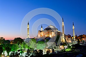 View of Hagia Sofia or Ayasofya at night in Istanbul. Turkey