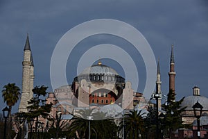 View of Hagia Sophia, Christian patriarchal basilica, imperial mosque and now a museum. Istanbul, Turkey. Blue, exterior