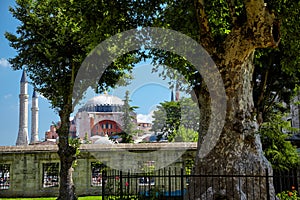 The view of Hagia Sophia from the courtyard of Blue Mosque