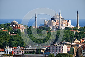 The view of Hagia Sophia and Hagia Irene on the background of the Marmara Sea, Istanbul