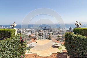 View of Haifa city center from the hanging gardens (BahÃ¡âÃ­ GÃ¤rten, Israel) photo
