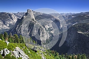 View of Half Dome in summer with blue sky, Yosemite National Park, USA