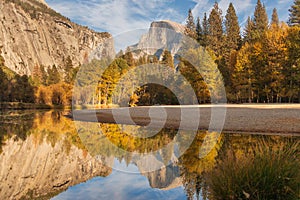 A view of half dome in Yosemite with a perfect reflection in the river