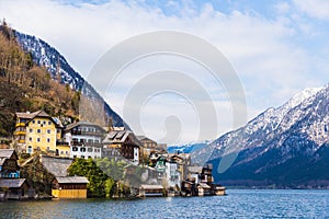 View of Hallstat town at lake and mountain, on a beautiful early