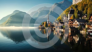 View of Hallstatt Hallstadt town with reflection in lake with blue sky above, Austria