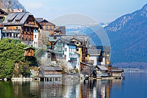 View of the Hallstatt from lake Hallstater See, Austria