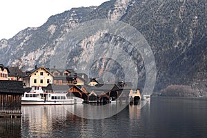 View of Hallstatt old town village, Houses and boat dock