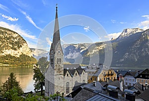 View on Hallstatt town on a sunny day, Austria