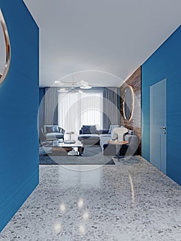 The view from the hallway in contemporary style is a blue living room with a corner sofa