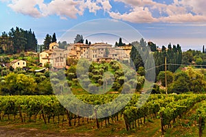 View on Fonterutoli on sunrise. It is hamlet of Castellina in Chianti in province of Siena. Tuscany. Italy