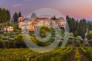 View on Fonterutoli on sunset. It is hamlet of Castellina in Chianti in province of Siena. Tuscany. Italy