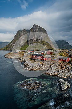 View of HamnÃÂ¸y or HamnÃÂ¸ya, a small fishing village in Moskenes Municipality on Lofoten islands in Nordland county, Norway photo