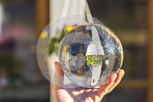 View of hand holding crystal ball with inverted image of hanging basket  with yellow purple pansies.