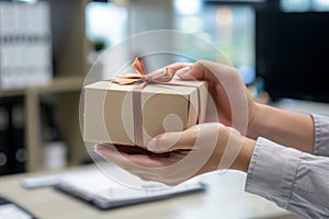 view of hands Giving a business gift in an office, corporate party celebration concept