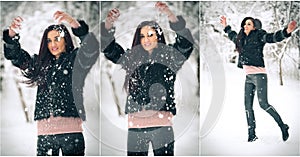 View of happy brunette girl playing with snow in winter landscape. Beautiful young female on winter background. Attractive woman