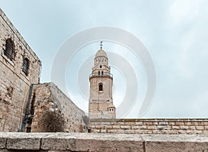 View from the Har Tsiyon street on the outer walls of Dormition Abbey in old city of Jerusalem, Israel
