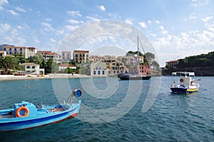 View on harbor and beach of romantic Assos, Kefalonia, Greece