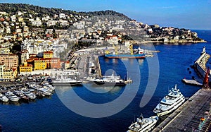 View of the harbor from the Castle Hill, Nice, Cote d`Azur, Riviera, France