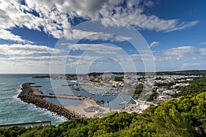 view of the harbor and port town of Santa Marina di Leuca in southern Italy