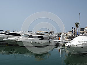 View of the harbour area, Puerto Banus, Marbella, Costa del Sol, Malaga Province, Andalucia, Spain, Western Europe.