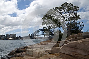 View of harbour bridge and sandstone coastline