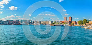 View from harbour of coastline and port in Oslo. Norway