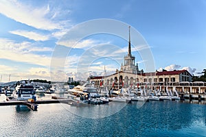 The view of the harbour and the magnificent building of the marine station of Sochi. Russia