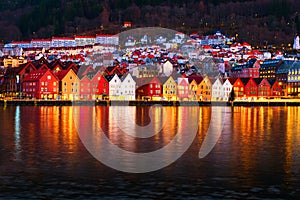 View of harbour old town Bryggen in Bergen, Norway during the night