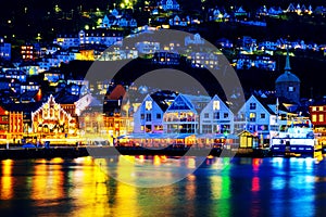 View of harbour old town Bryggen in Bergen, Norway during the night