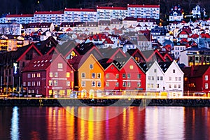 View of harbour old town Bryggen in Bergen, Norway during the night