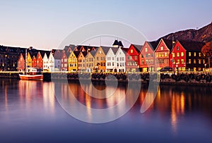 View of harbour old town Bryggen in Bergen, Norway during the twilight