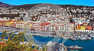 View of the harbour (port) from the Castle Hill, French Riviera. Nice, Cote d 'Azur, France