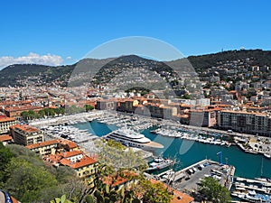 View of the harbour port from the Castle Hill, French Riviera. Nice, Cote d`Azur, France