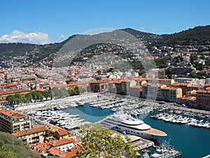 View of the harbour port from the Castle Hill, French Riviera. Nice, Cote d`Azur, France