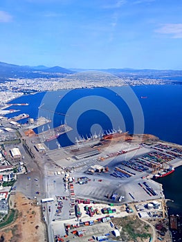 View of the harbour of Thessaloniki, Greece. Airplane view of the port