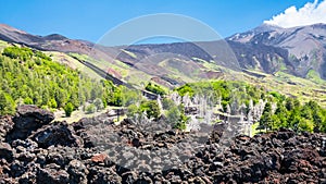 View of hardened lava flow on slope of Etna mount